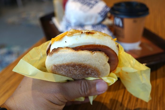 PENANG, MALAYSIA - MAY 16, 2017 : Egg McMuffin with McDonald Premium Roast Coffee is one of the meals choice at McDonald's Weekday Breakfast Specials.