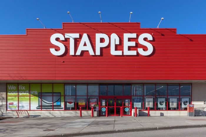 Richmond Hill, Ontario, Canada - February 24, 2018: Staples storefront. Staples, Inc. is an American multinational office supply retailing corporation.
