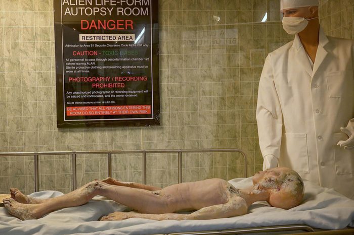 ROSWELL, NEW MEXICO - MARCH 28: Body of alien crash victim on display at the International UFO Museum and Research Center in Roswell, New Mexico on March 28th, 2016.