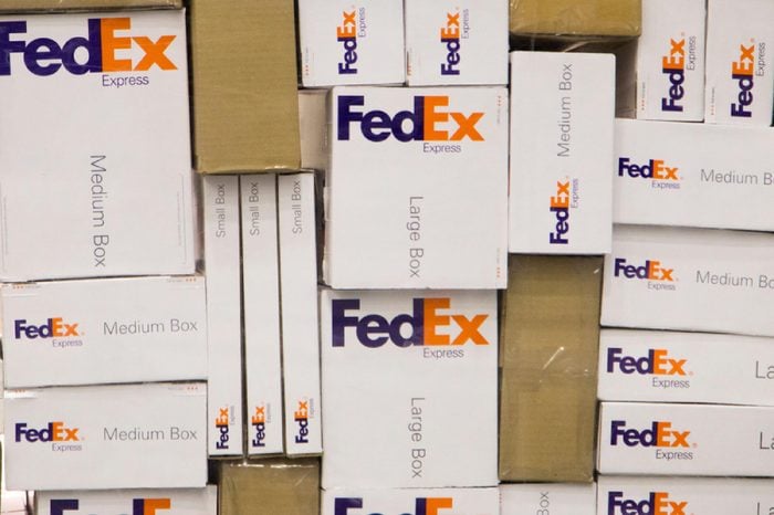 Seattle, WA, USA - November 19, 2017: A stack of various FedEx Federal Express shipping boxes in different sizes