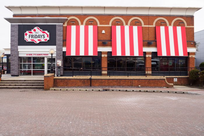 TGI Fridays exterior and logo. TGI Friday's is an American restaurant chain focusing on casual dining.
