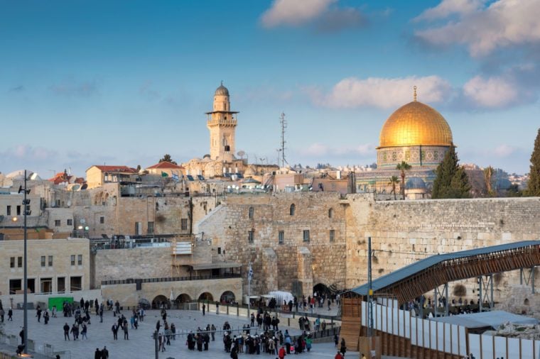 Western Wall and golden Dome of the Rock in Jerusalem Old City, Israel. 