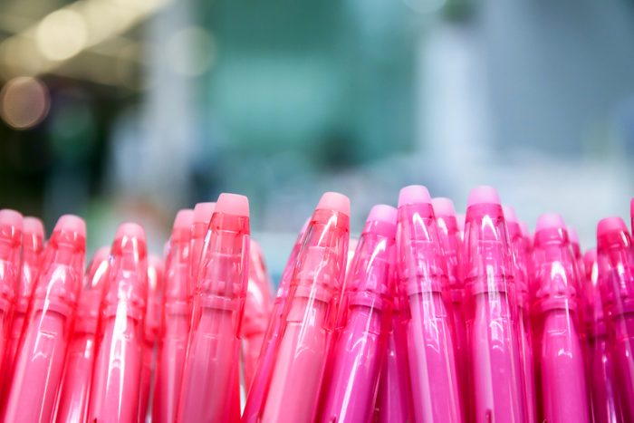 Pink pen in art stationery store; art, workshop, inspiration, craft. Creativity concept large choice for your imagination. (selective focus)