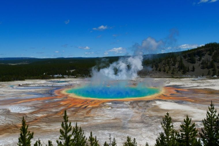 Top view Grand Prismatic spring from Fairy Falls trail , Midway Gryser Basin, Yellowstone National Park, Wyoming