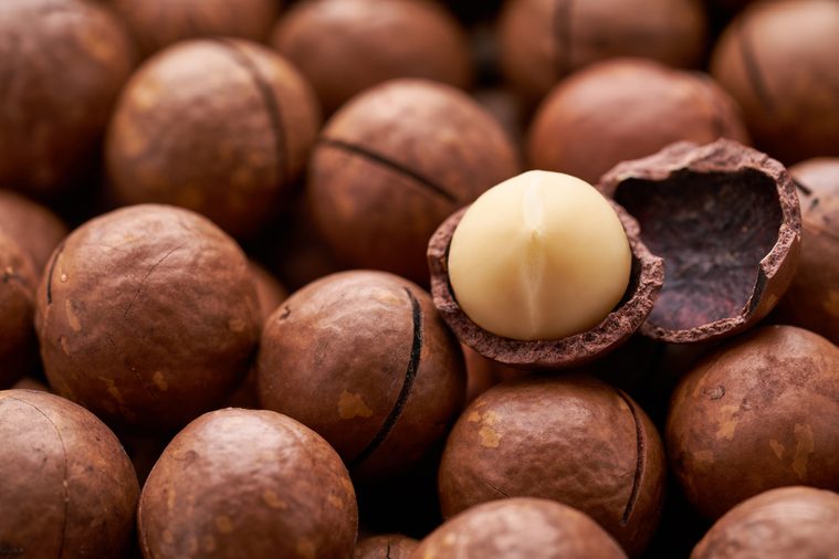 Cracked Macadamia nut, selective focus.