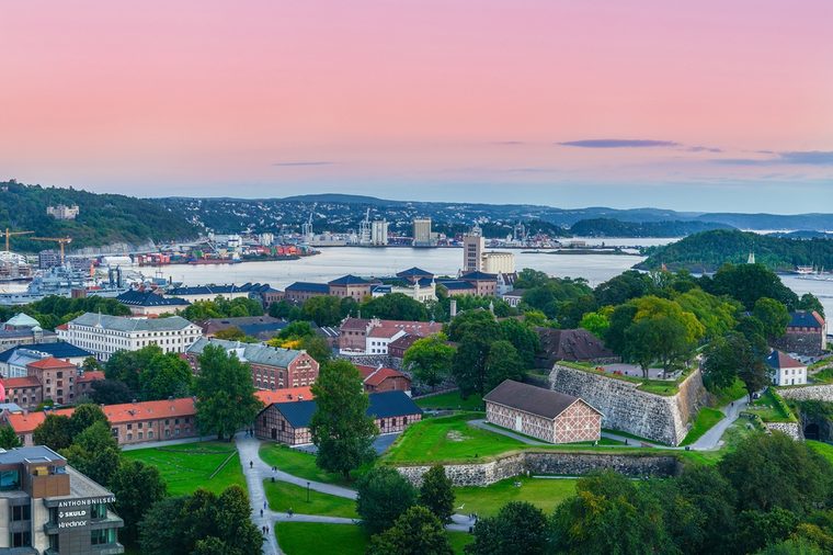 Oslo, Norway. A view at Oslofjord and Akershus fortress from the top of City hall (Radhuset) tower. Taken on 2015/09/11