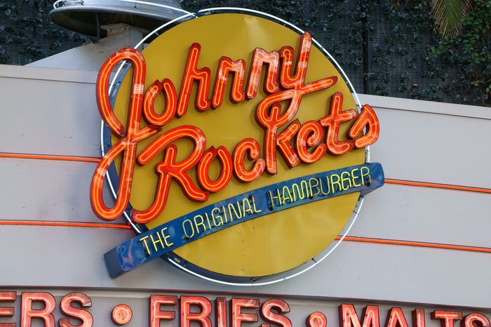 Johnny Rockets restaurant exterior and sign. Johnny Rockets is an American restaurant franchise.