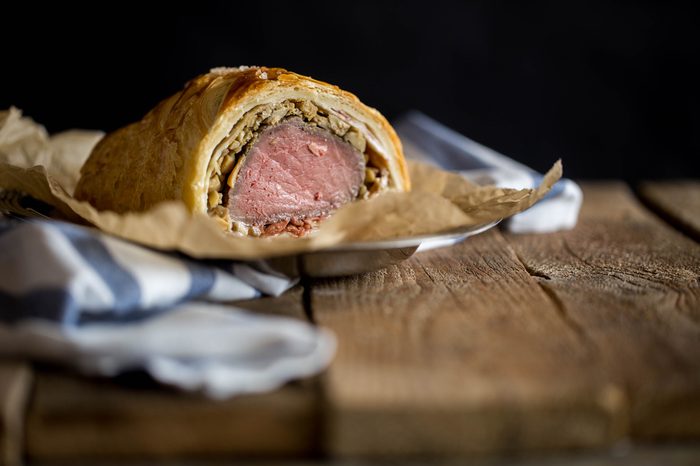 Beef Wellington on a food paper. selective focus