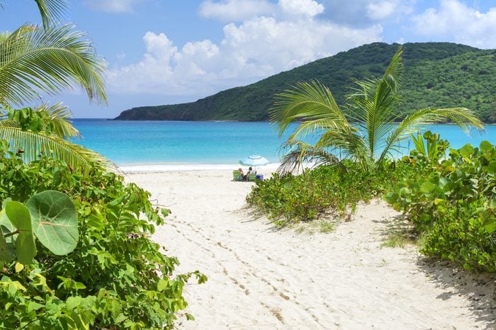Beautiful scenic Flamenco Beach with white sand and clear blue water on Caribbean island of Isla Culebra in Puerto Rico