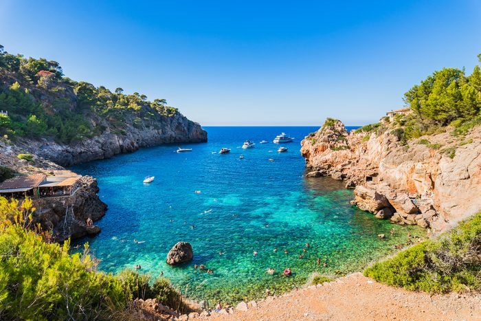 Idyllic seascape of the beautiful bay beach of Cala Deia, Majorca island, Mediterranean Sea, Spain Balearic islands.