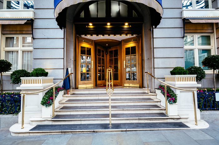 Luxury five star hotel entrance door, most expensive hotel in london uk