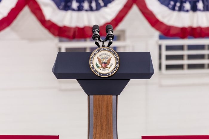 Vice Presidential Seal and Empty Podium, awaiting Vice President Joe Biden Speech, Culinary Union, Las Vegas, Nevada