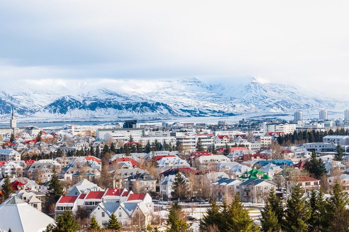 Beautiful view of Reykjavik winter in Iceland winter season with snow-capped mountain in the background, Reykjavik is the capital city of Iceland.