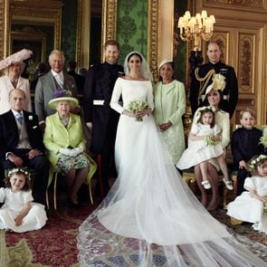 This official wedding photograph released by the Duke and Duchess of Sussex, Meghan Markle and Prince Harry, shows - The Duke and Duchess in The Green Drawing Room, Windsor Castle, with (left-to-right): Back row: Master Jasper Dyer, Camilla Duchess of Cornwall, Prince Charles, Ms. Doria Ragland, Prince William ; middle row: Master Brian Mulroney, Prince Philip, Queen Elizabeth II, Catherine Duchess of Cambridge, Princess Charlotte, Prince George, Miss Rylan Litt, Master John Mulroney ; Front row: Miss Ivy Mulroney, Miss Florence van Cutsem, Miss Zalie Warren, Miss Remi Litt.
