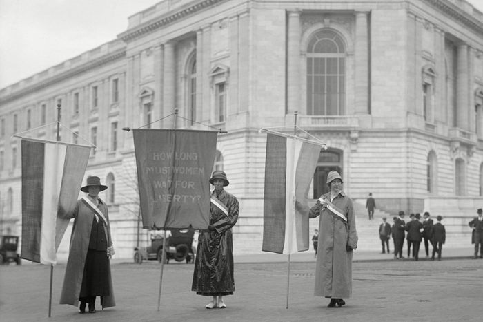 Mandatory Credit: Photo by Everett/Shutterstock (10278080a) Suffragettes picketing the Senate Office Building in Washington in 1918. Left to right: Mildred Gilbert, Pauline Floyd, Vivian Pierce. They display a banner, How Long Must Women Wait for Liberty? Historical Collection