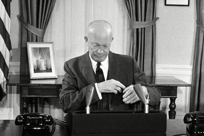 Dwight D. Eisenhower Candid photo of President Dwight Eisenhower at the White House, Washington, where he made a nationwide television-radio address, reporting on his South American trip