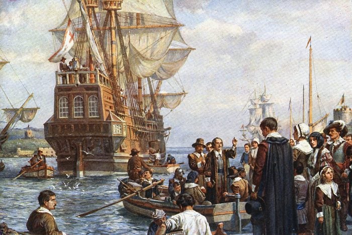 Mandatory Credit: Photo by Universal History Archive/Shutterstock (3864664a) The Pilgrim Fathers boarding the 'Mayflower' for their voyage to America. After painting by Bernard Gribble. VARIOUS