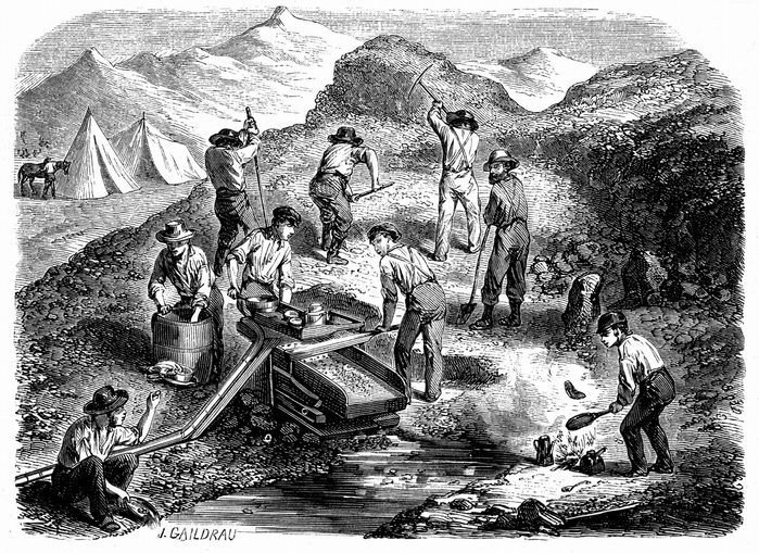 Mandatory Credit: Photo by Universal History Archive/Shutterstock (3874782a) Miners washing for gold using a cradle in the: Californian gold fields. Wood engraving published Paris, 1849, the year of the Californian Gold Rush VARIOUS