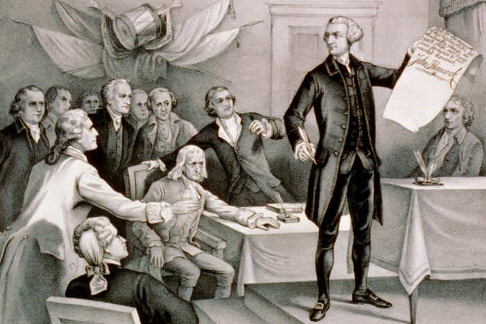 Mandatory Credit: Photo by Universal History Archive/UIG/Shutterstock (4425736a) John Hancock's defiance on July 4th 1776. He served as president of the Second Continental Congress and was the first and third Governor of the Commonwealth of Massachusetts. He is remembered for his large and stylish signature on the United States Declaration of Independence. VARIOUS