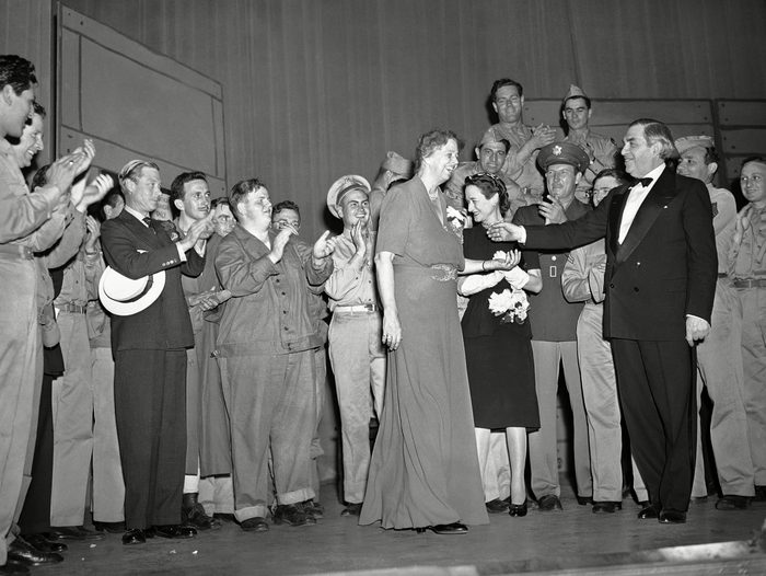 Mandatory Credit: Photo by Harry Harris/AP/Shutterstock (5956401c) Eleanor Roosevelt John Golden, right, theatrical producer, presents first lady Eleanor Roosevelt, center, on the stage of a New York City theater, following a benefit performance of an Army show. Present are the Duke (left with hat under arm) and Duchess of Windsor (standing at right of Mrs. Roosevelt Eleanor Roosevelt, New York, USA
