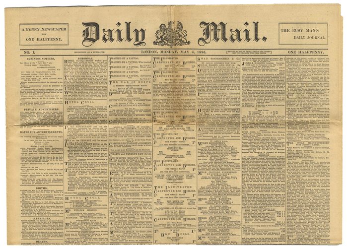 Mandatory Credit: Photo by Shutterstock (622399h) Daily Mail - 04 May 1896 Old newspapers