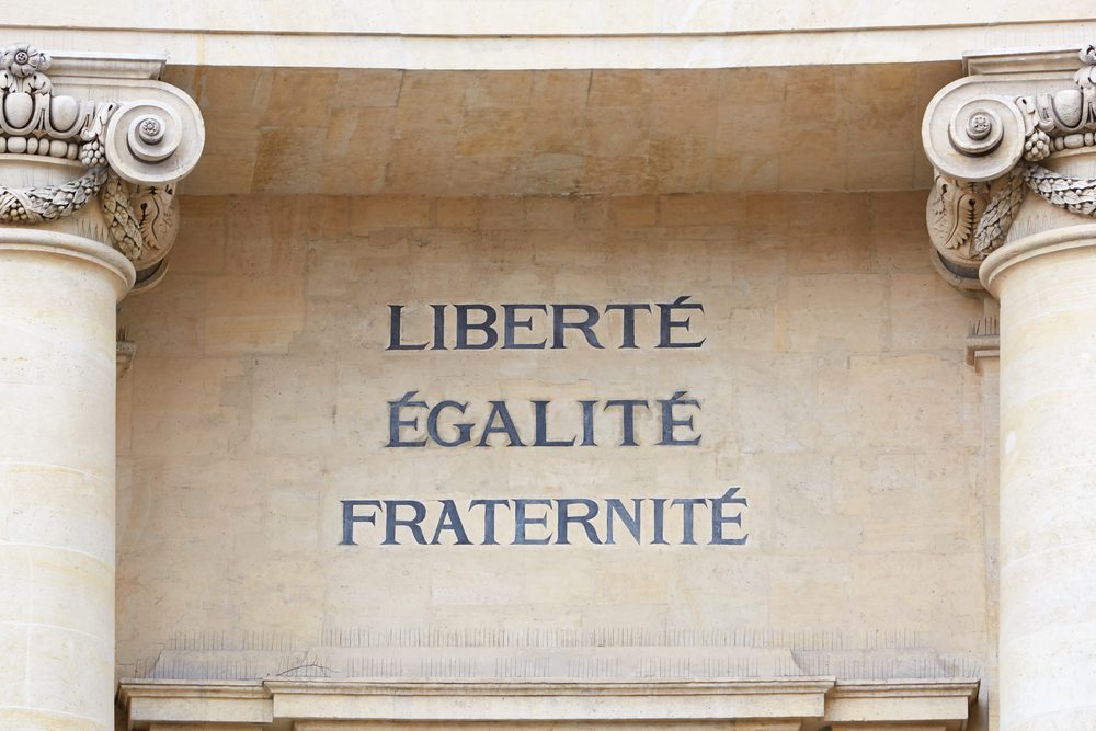 Liberty, Equality, and Fraternity words in Paris, the motto of the French Revolution