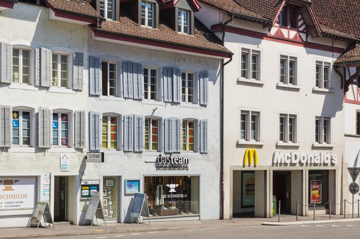 Aarau, Switzerland - 7 July, 2016: building along a street in the historic part of the town. The town of Aarau is the capital of the Swiss canton of Aargau.