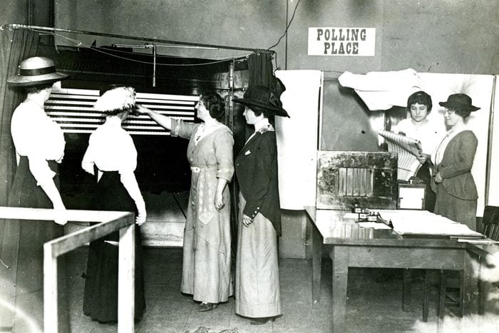 Chicago, Around 1915 -- The Earliest Beginnings Of Women's Participation In Government. Five Women Learning How To Use A Voting Machine In Chicago