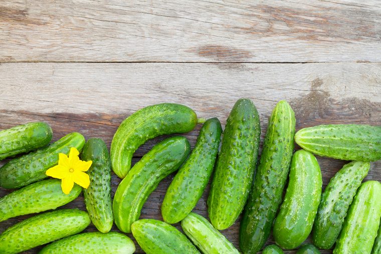 Ripe cucumbers on wooden garden table. Top view with copy space