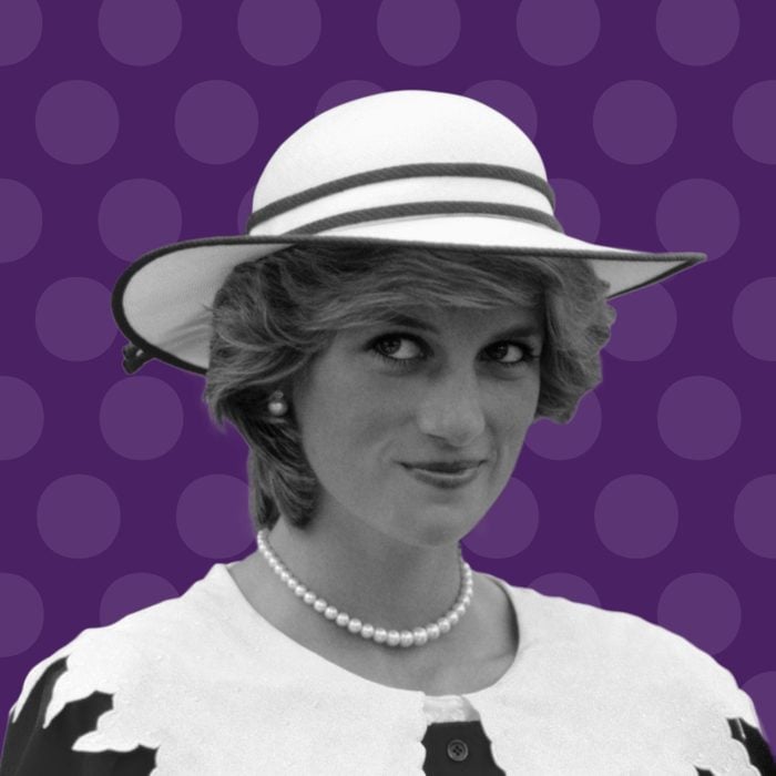 Diana, Princess of Wales on purple background with purple polka dots