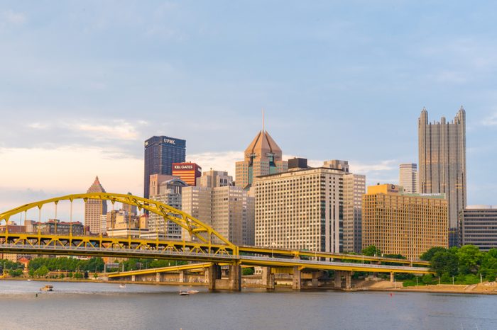 PITTSBURGH, PA - JUNE 16, 2018: Pittsburgh, Pennsylvania skyline along the Allegheny river from North Shore Riverfront Park