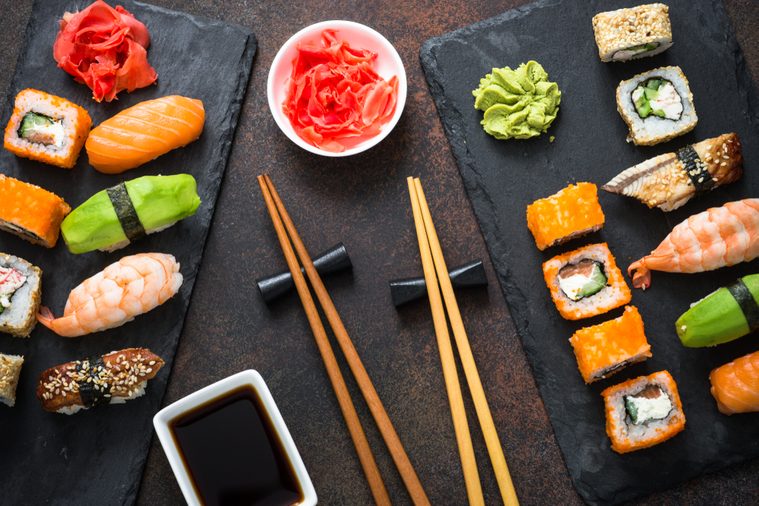 Sushi, maki, nigiri and sushi roll set top view