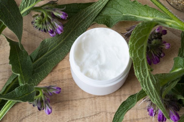 A jar of comfrey cream with fresh symphytum officinale plant