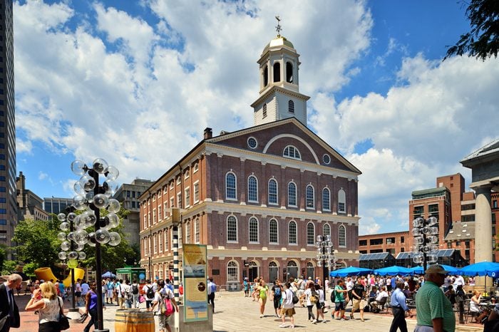 BOSTON, MA - JUNE 9: A crowd of tourists and locals at Faneuil Hall, rated number 4 in America's 25 Most Visited Tourist Sites by Forbes Traveler in 2008. As seen on June 9, 2012 in Boston, MA - USA.