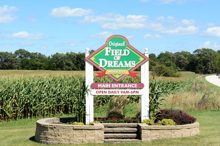 DYERSVILLE, IOWA - AUGUST 20, 2015: Field of Dreams movie site sign. The 1989 film starring Kevin Costner was filmed on the Lansing Family Farm.