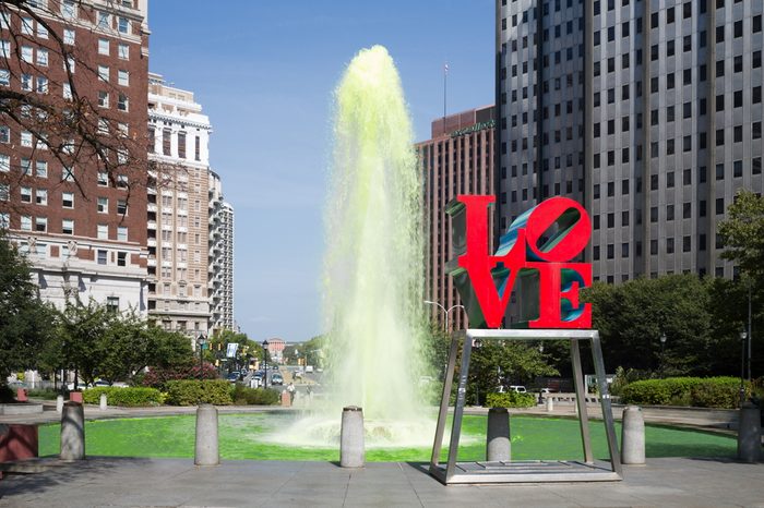 USA, PHILADELPHIA - SEP 02, 2014: Green color fountain in Love park.