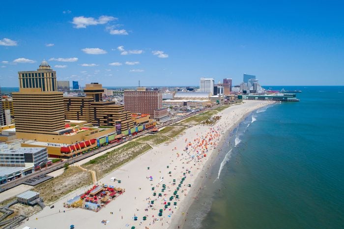 ATLANTIC CITY, NJ, USA - JUNE 29, 2017: Aerial drone photo of Atlantic City beach boardwalk and casinos