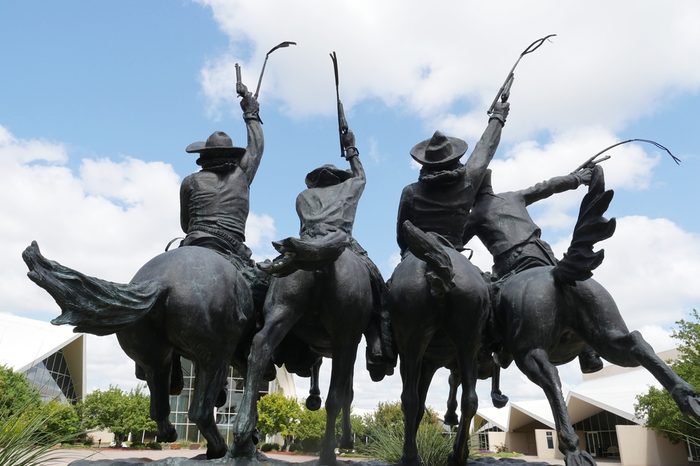 OKLAHOMA CITY, USA—SESPTEMBER 2015: Back view of the Statue of Coming Through the Rye designed by Frederick Remington at National Cowboy & Western Heritage Museum in Oklahoma City.