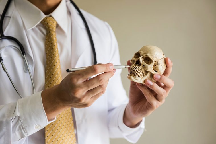 Doctor demonstrate biology by using pen to point at skull teeth. Funny dentist physician use skeleton model to share information with patient. Science and Health care concept with copy space for text.
