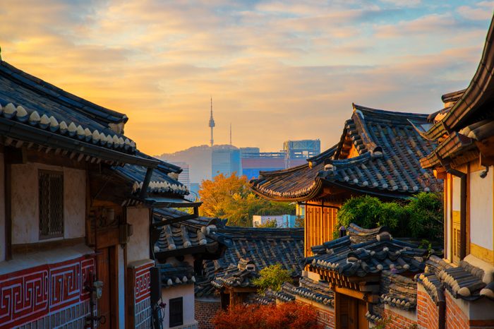 Ancient Korean town in Autumn and morning sunrise, Travel place in Seoul city, Seoul, South Korea