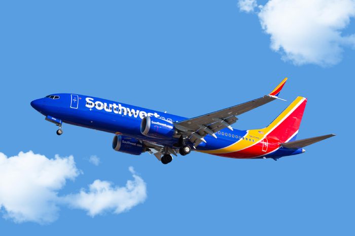 Southwest Airlines 737-800 MAX aircraft on final approach at Midway Airport.