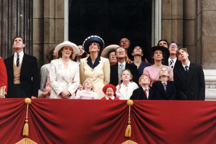 The Royal Family On The Balcony Of Buckingham Palace For Trooping The Colour. The Duchess Of York Standing Next To The Princess Of Wales. Surrounded By The Royal Family One Brave Little Girl Was Given Pride Of Place During The Ceremony. Fopur Year Old Leonora Knatchbull Who Is Being Treated For Cancer Had A Granstand View From The Balocony As Three Shackleton Aircraft Led The Queen's 65th Birthday Flypast. Leonora Yuoungest Daughter Of Lord Romsey Had A Personal Guide Especially For The Occasion-the Princess Of Wales. . Rexmailpix.