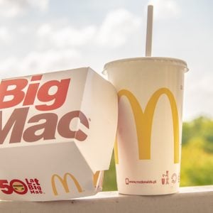 Warsaw, Poland, July 22, 2018 McDonald's Big Mac with two 100% pure beef patties and sauce sandwiched between sesame seed bun, with refreshing Coca-Cola Coke, big yellow McDonald's M sign, logo on cup