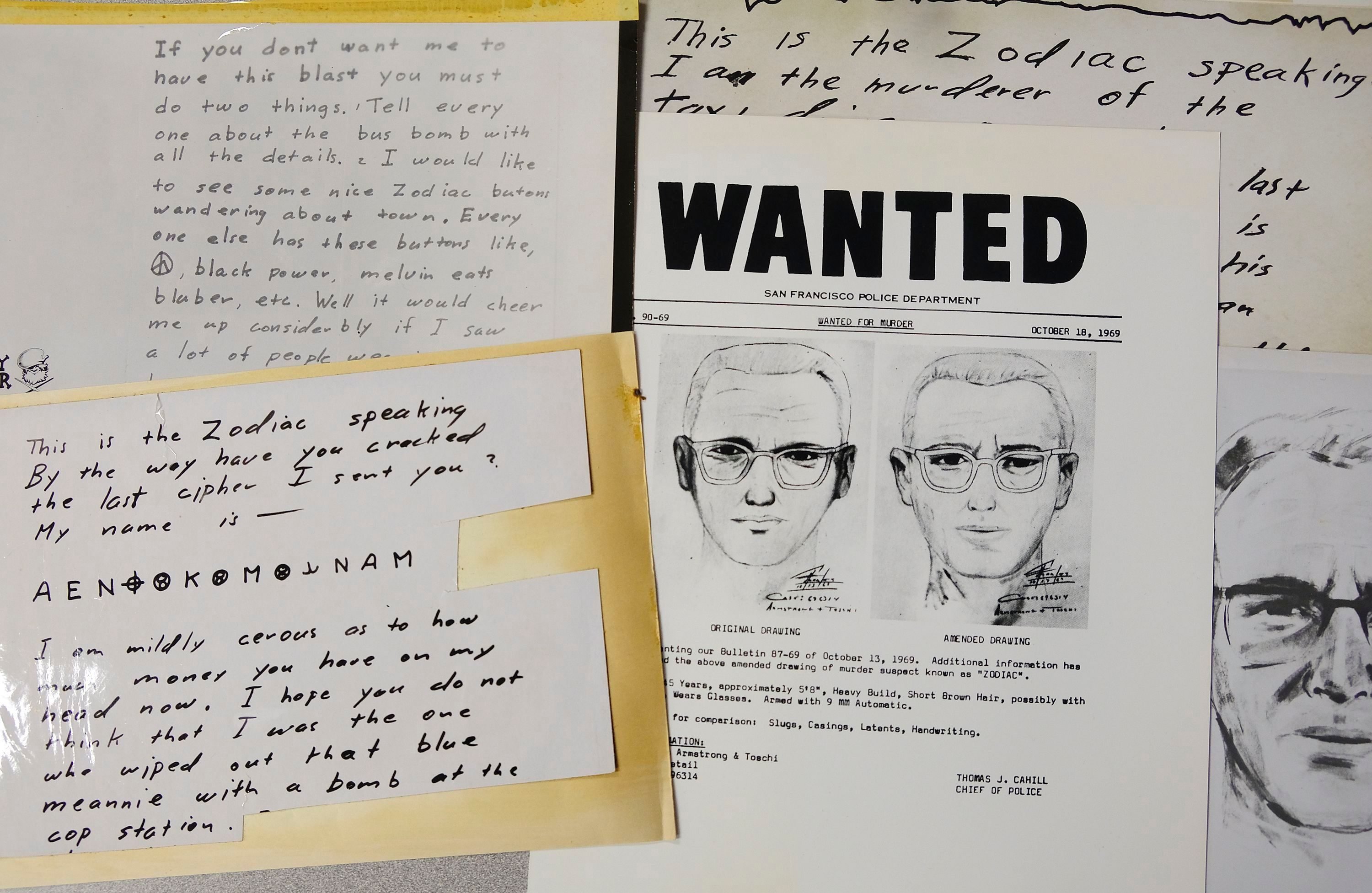 A San Francisco Police Department wanted bulletin and copies of letters sent to the San Francisco Chronicle by a man who called himself Zodiac are displayed, in San Francisco. Detectives in Northern California are trying to get a DNA profile on the Zodiac Killer to track him down using the same family-tree tracing technology investigators used in the Golden State Killer case. Vallejo police Detective Terry Poyser tells the Sacramento Bee his agency has recently submitted two envelopes that contained letters from the Zodiac Killer for DNA analysis. The Zodiac Killer stabbed or shot to death five people in Northern California in 1968 and 1969. He was dubbed the Zodiac Killer after he sent taunting letters and cryptograms to police and newspapers that included astrological symbols Zodiac Killer DNA, San Francisco, USA - 03 May 2018