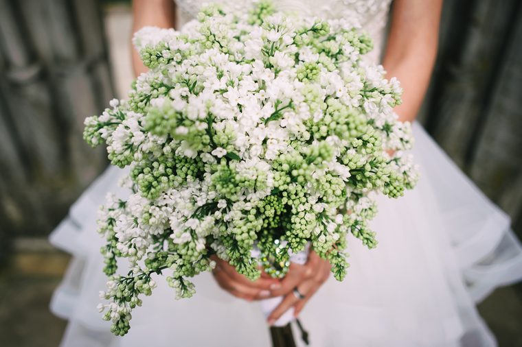 Bride holding white lilac wedding bouquet; Lilac wedding bouquet