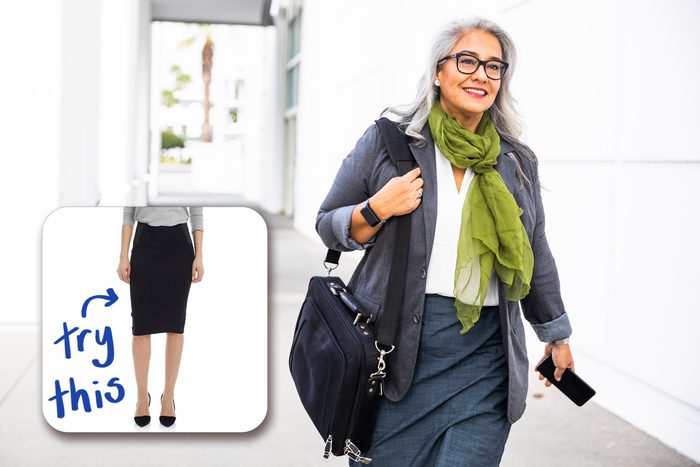 mature woman walking. try this pencil skirt.