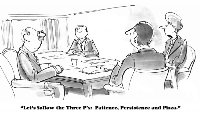patience, persistence and pizza business cartoon