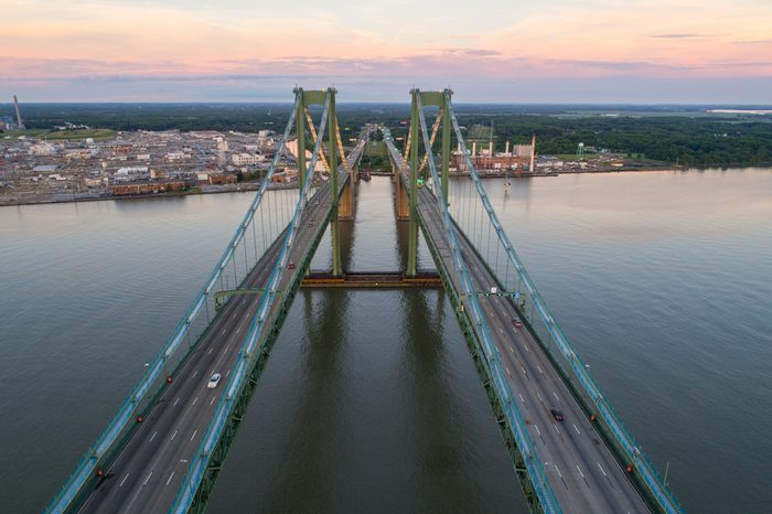 Aerial drone image of the Delaware Memorial Bridge