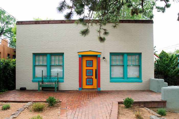 A colorful house in Santa Fe, New Mexico on a rainy day.