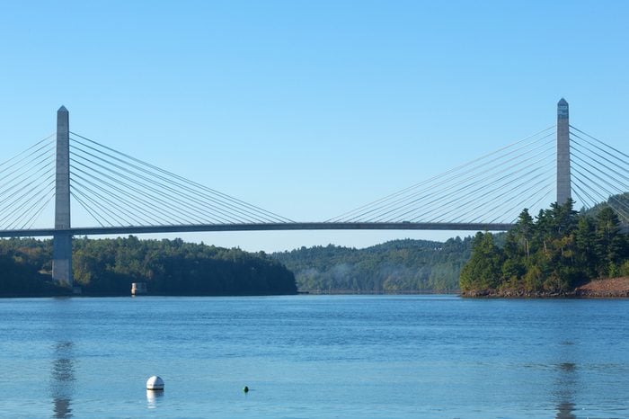 View of the Penobscot Narrows Bridge that connects Verona Island to Prospect, Maine over the Penobscot River.